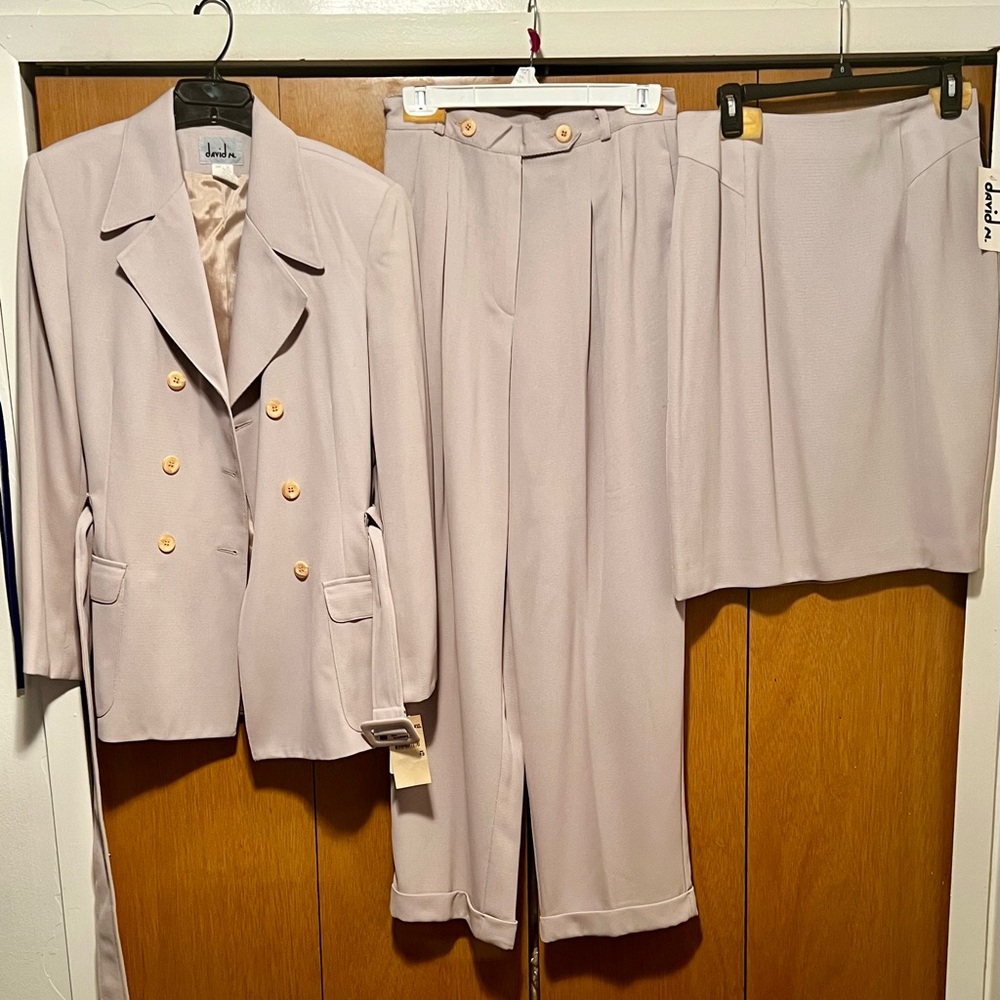 Beige 3pc Women’s Suit Set with Blazer, Pants, and Skirt